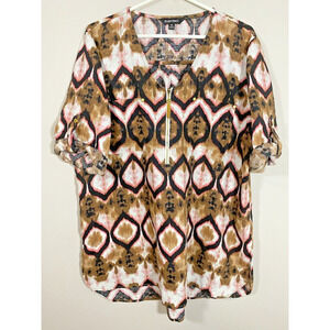 Ellen Tracy Ikat Print Linen Tunic Blouse Rollback Sleeves Pocket Women's XLARGE
